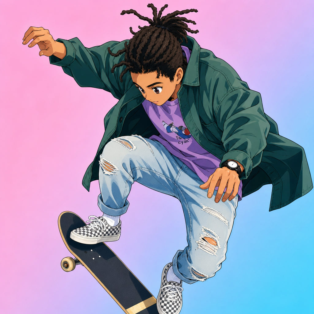 Skateboarder mid-trick, illustrated in cel-shaded anime