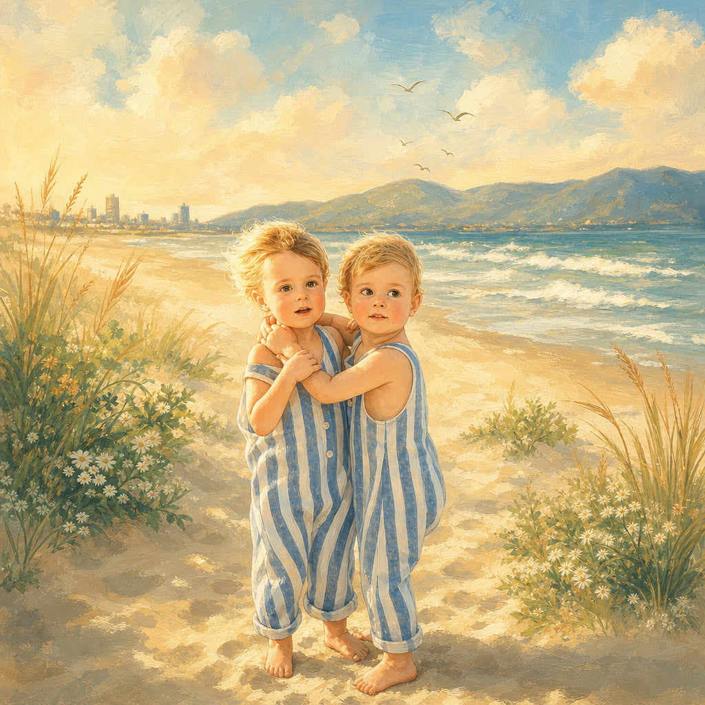 Toddler at the beach, painted in a hand-drawn storybook style