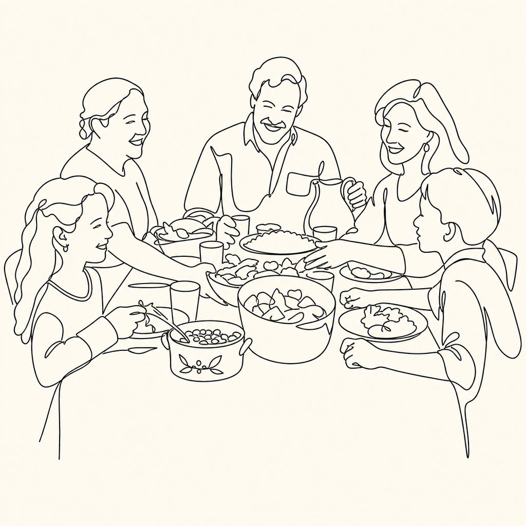 Three-generation family dinner, redrawn as a minimal line drawing