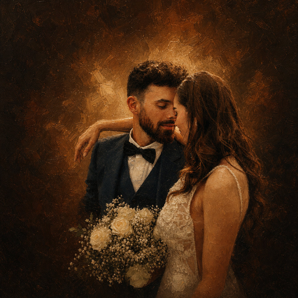 Couple under string lights, rendered as an oil painting