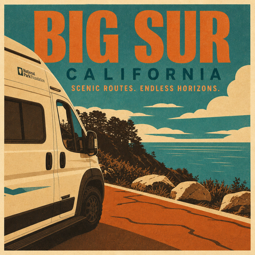 Camper van on a coast road, styled as a mid-century vintage travel poster