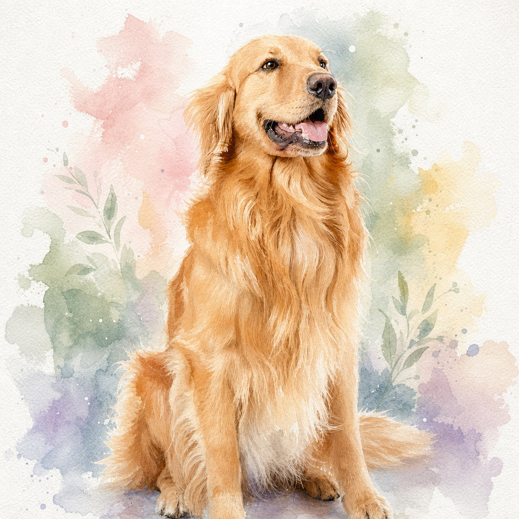 Golden retriever portrait reimagined as a watercolor painting