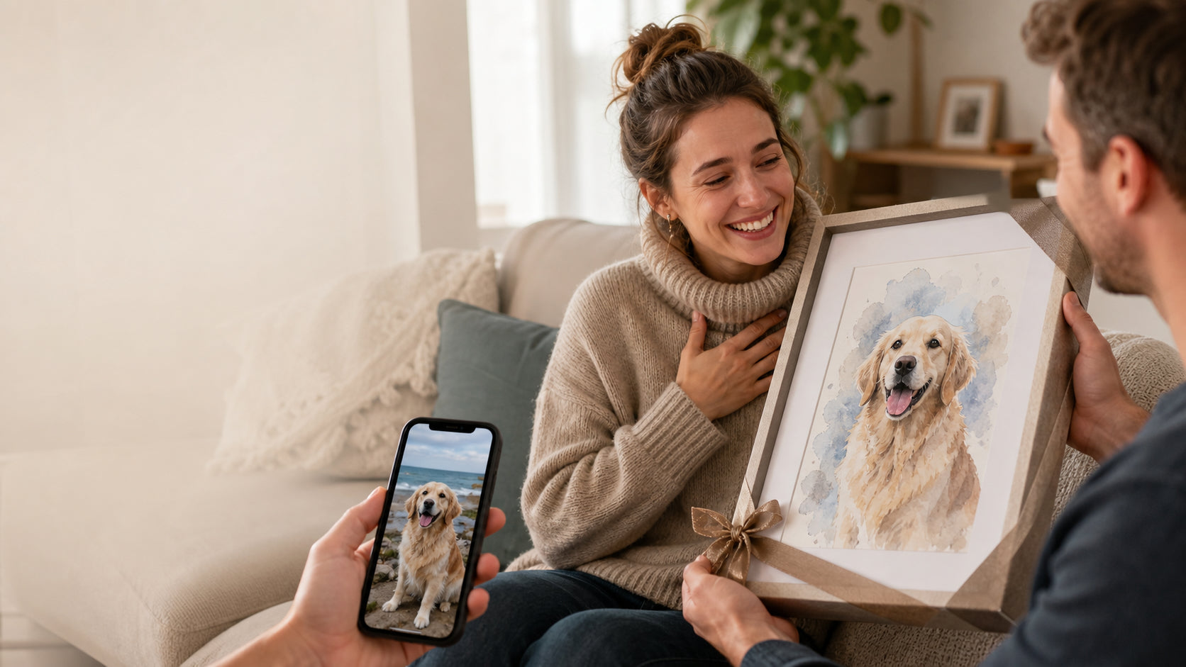 A woman in a sunlit living room reacting joyfully as her partner reveals a framed watercolor portrait of their golden retriever, with the original photo from his phone shown alongside.